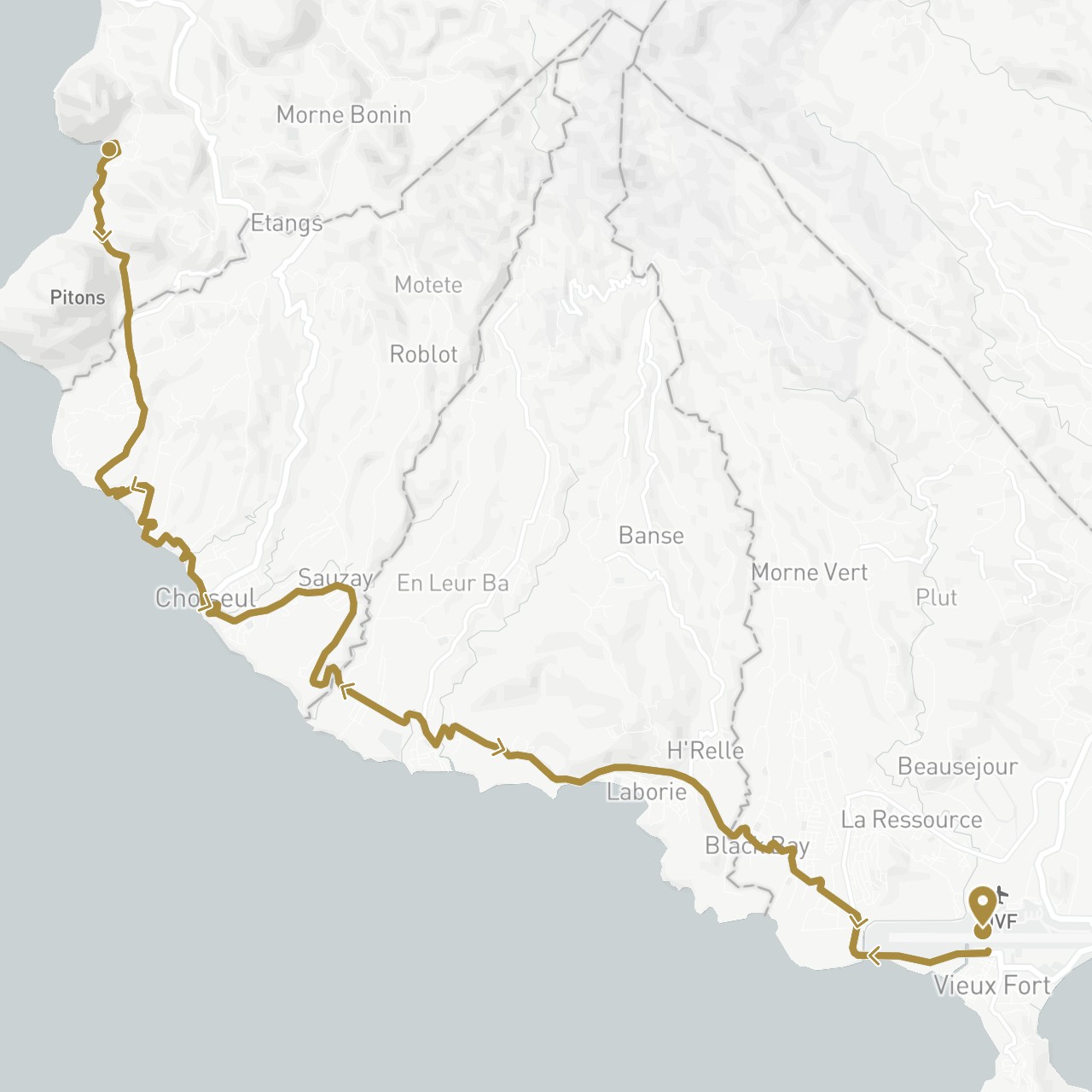 TravelMap itinerary: driving, private transfer in Saint Lucia (North America)