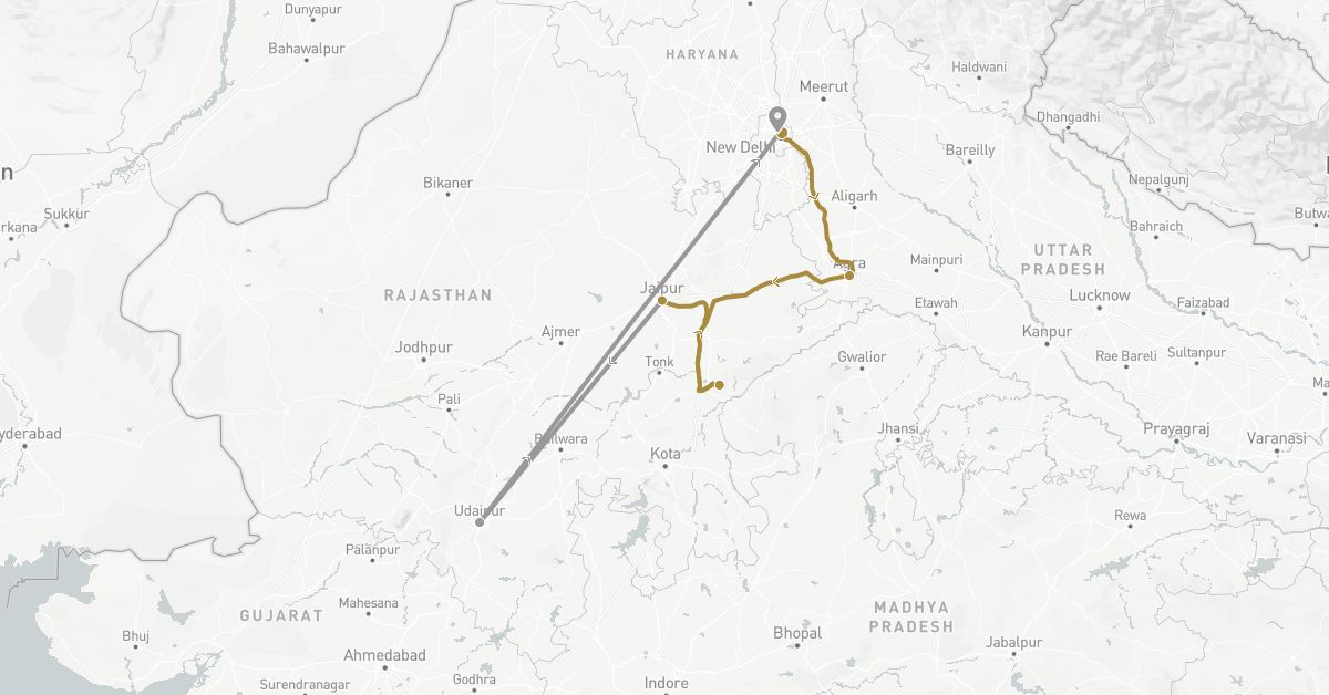 TravelMap itinerary: driving, plane, private transfer in India (Asia)