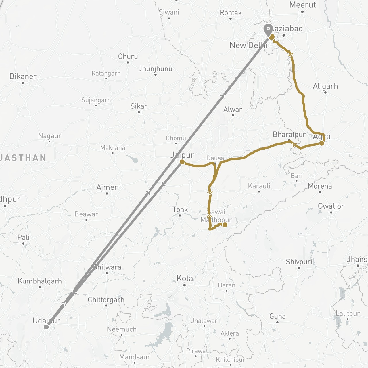 TravelMap itinerary: driving, plane, private transfer in India (Asia)