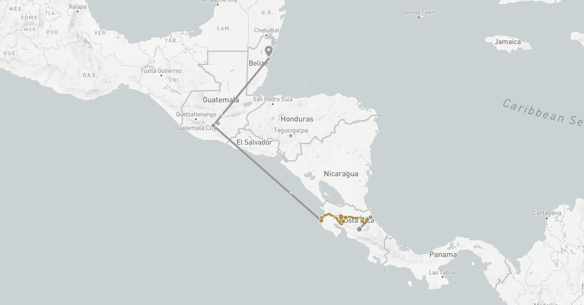 TravelMap itinerary: driving, plane, private transfer in Belize, Costa Rica, Guatemala (North America)