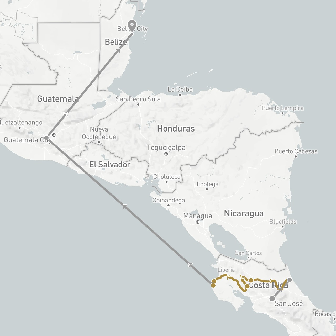 TravelMap itinerary: driving, plane, private transfer in Belize, Costa Rica, Guatemala (North America)