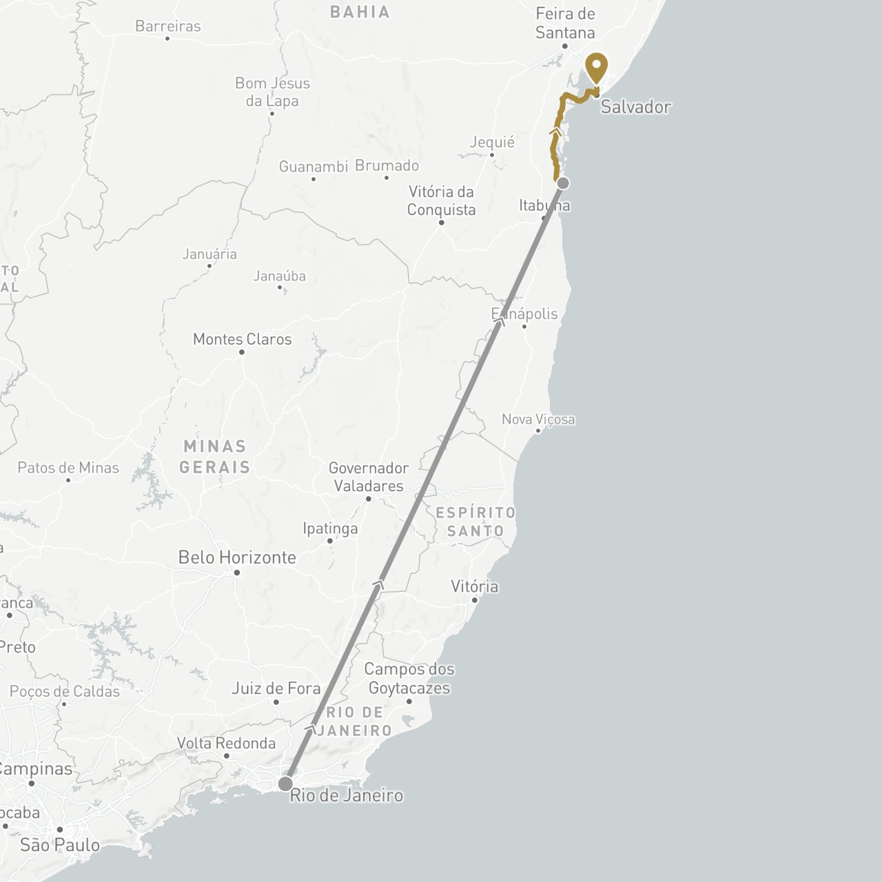 TravelMap itinerary: driving, plane, private transfer in Brazil (South America)