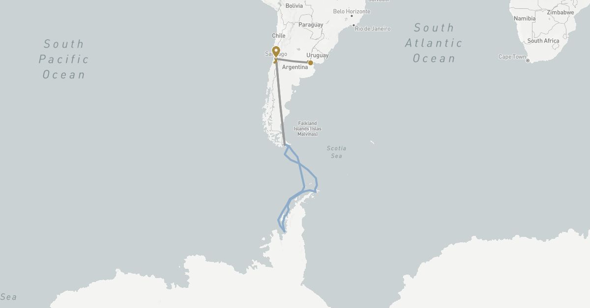TravelMap itinerary: driving, plane, private transfer, cruise in Argentina, Chile (South America)