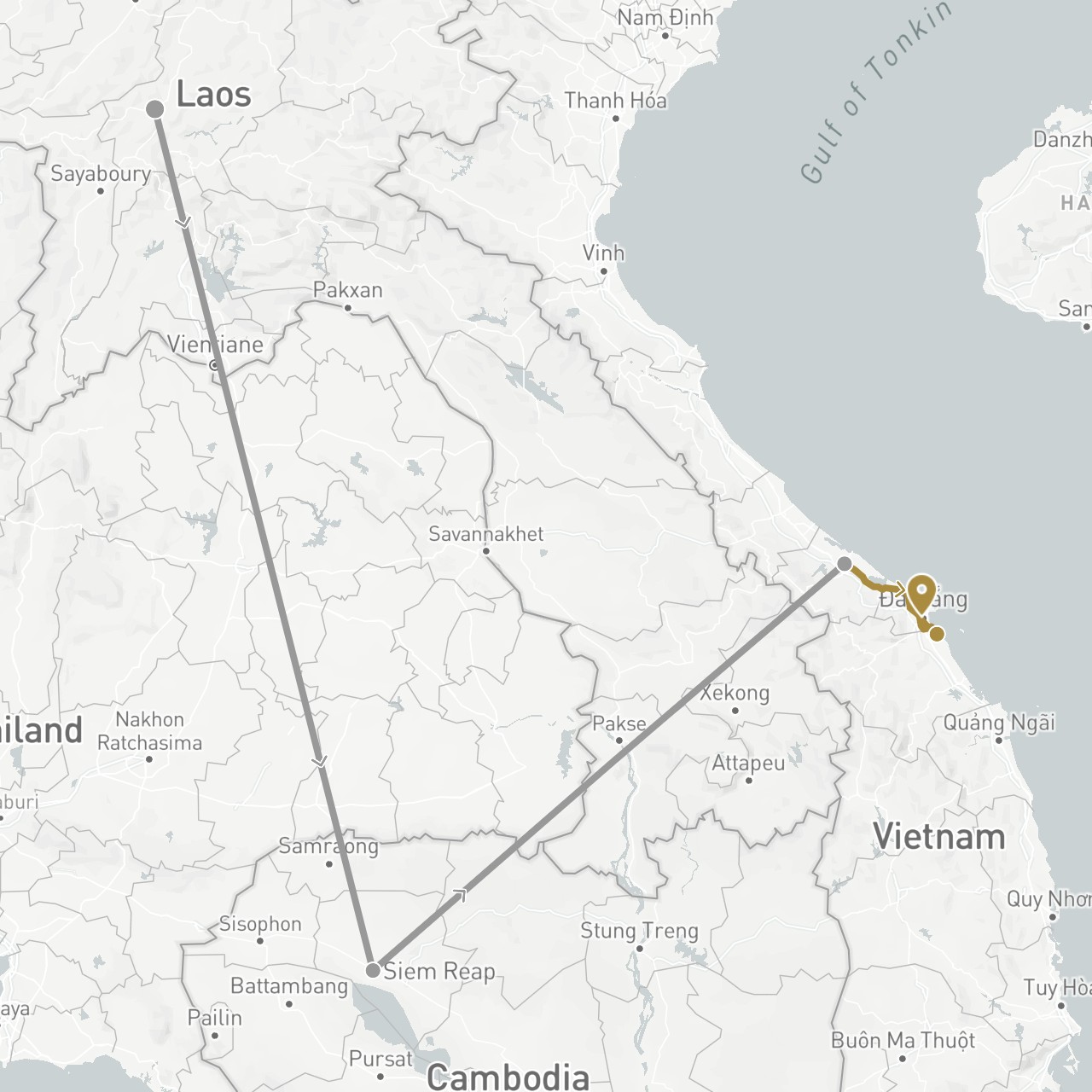 TravelMap itinerary: driving, plane, private transfer in Cambodia, Laos, Vietnam (Asia)