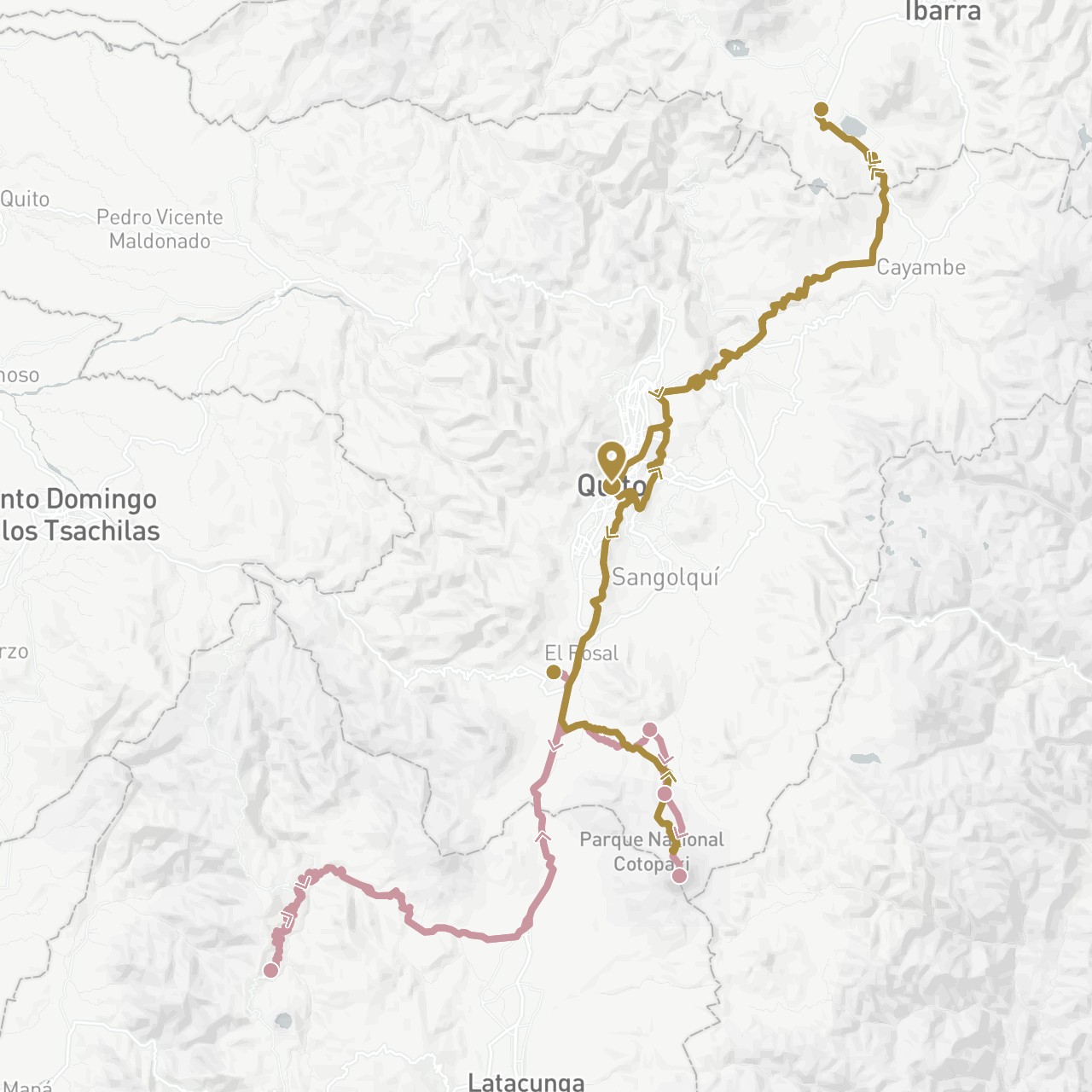 TravelMap itinerary: driving, private transfer, hiking in Ecuador (South America)