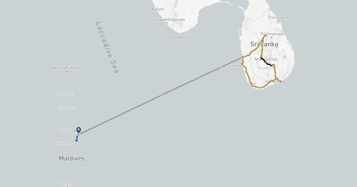 TravelMap itinerary: plane, private transfer, train, boat transfer in Sri Lanka, Maldives (Asia)