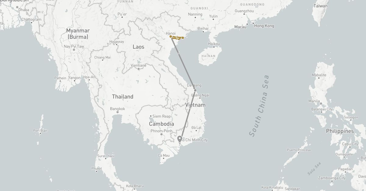 TravelMap itinerary: driving, plane, private transfer in Vietnam (Asia)