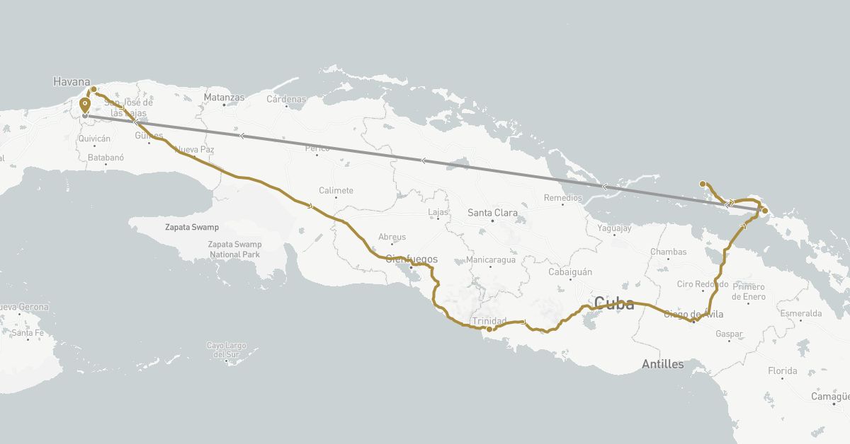 TravelMap itinerary: plane, private transfer in Cuba (North America)