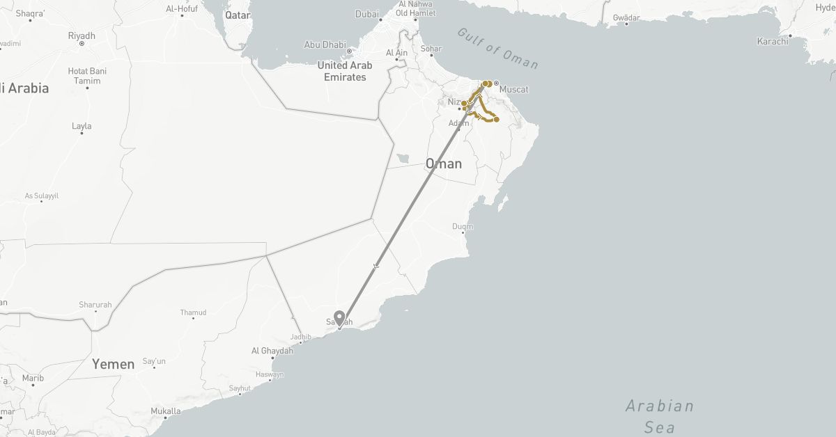 TravelMap itinerary: driving, plane, private transfer in Oman (Asia)