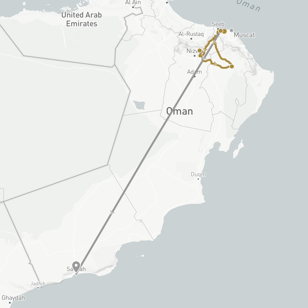 TravelMap itinerary: driving, plane, private transfer in Oman (Asia)