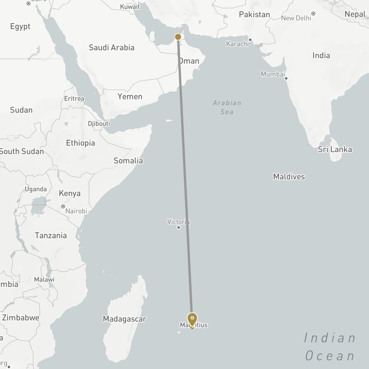 TravelMap itinerary: driving, plane, private transfer in United Arab Emirates, Mauritius (Africa, Asia)
