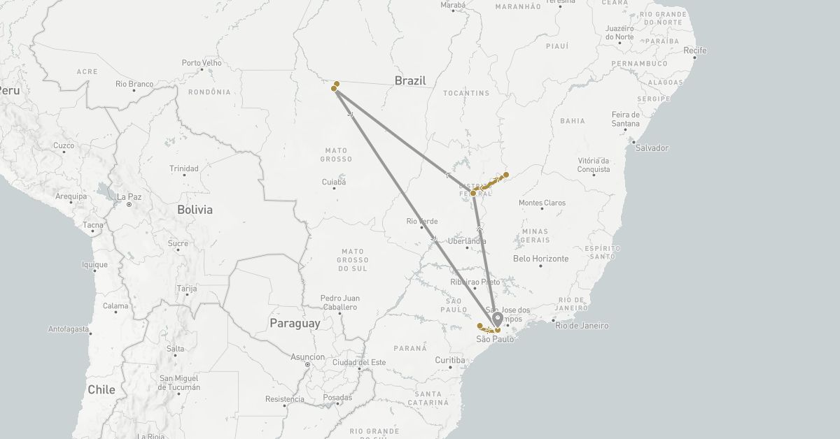 TravelMap itinerary: driving, plane, private transfer in Brazil (South America)