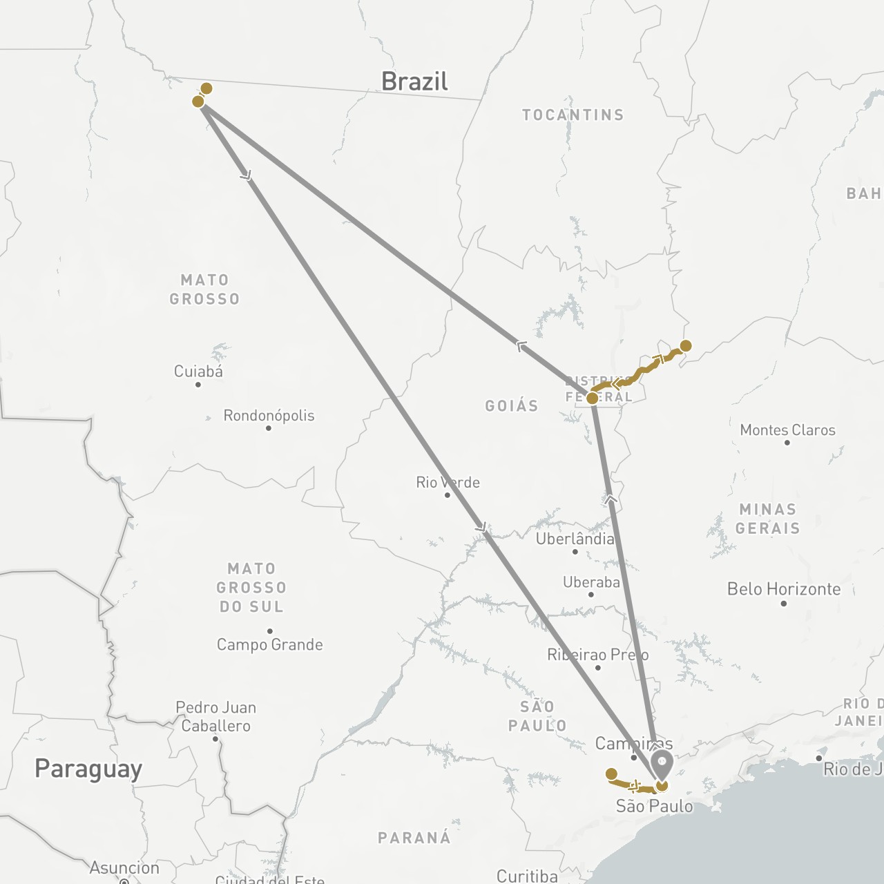 TravelMap itinerary: driving, plane, private transfer in Brazil (South America)