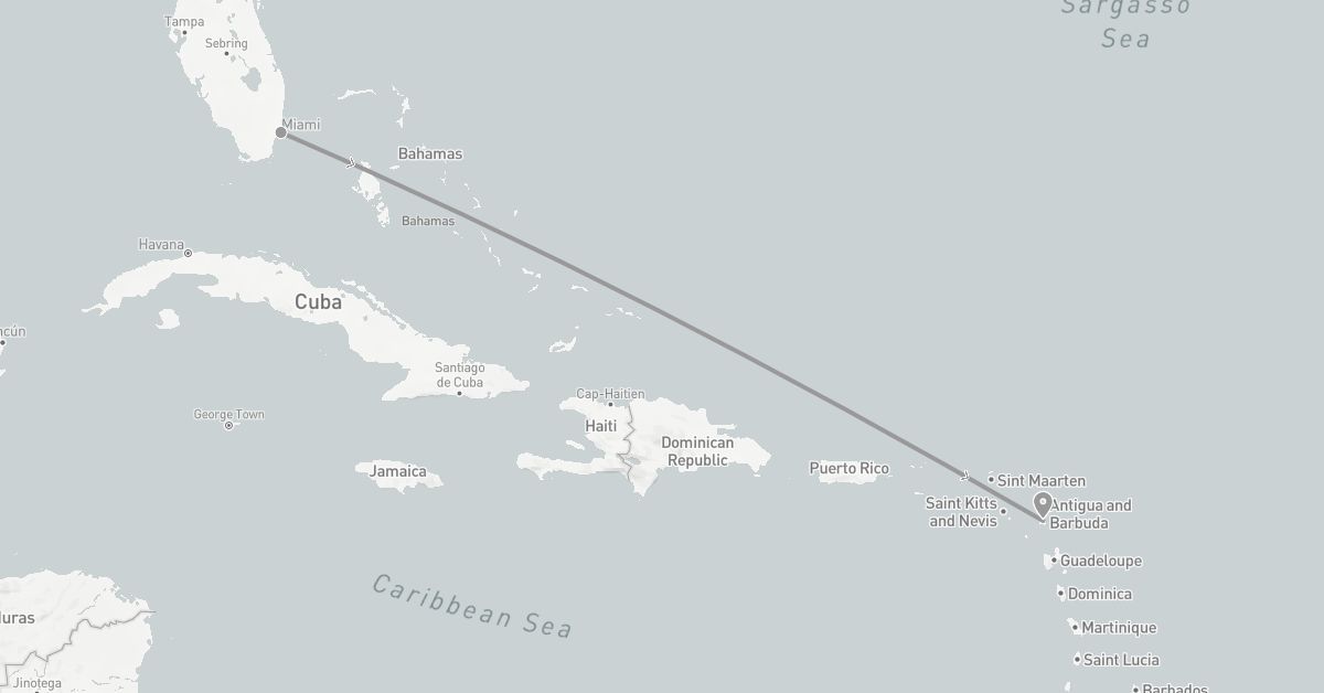 TravelMap itinerary: driving, plane in Antigua and Barbuda, United States (North America)