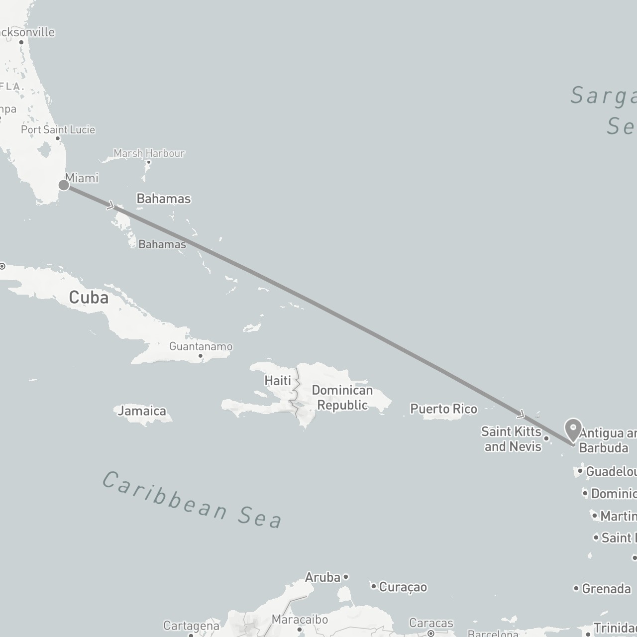 TravelMap itinerary: driving, plane in Antigua and Barbuda, United States (North America)