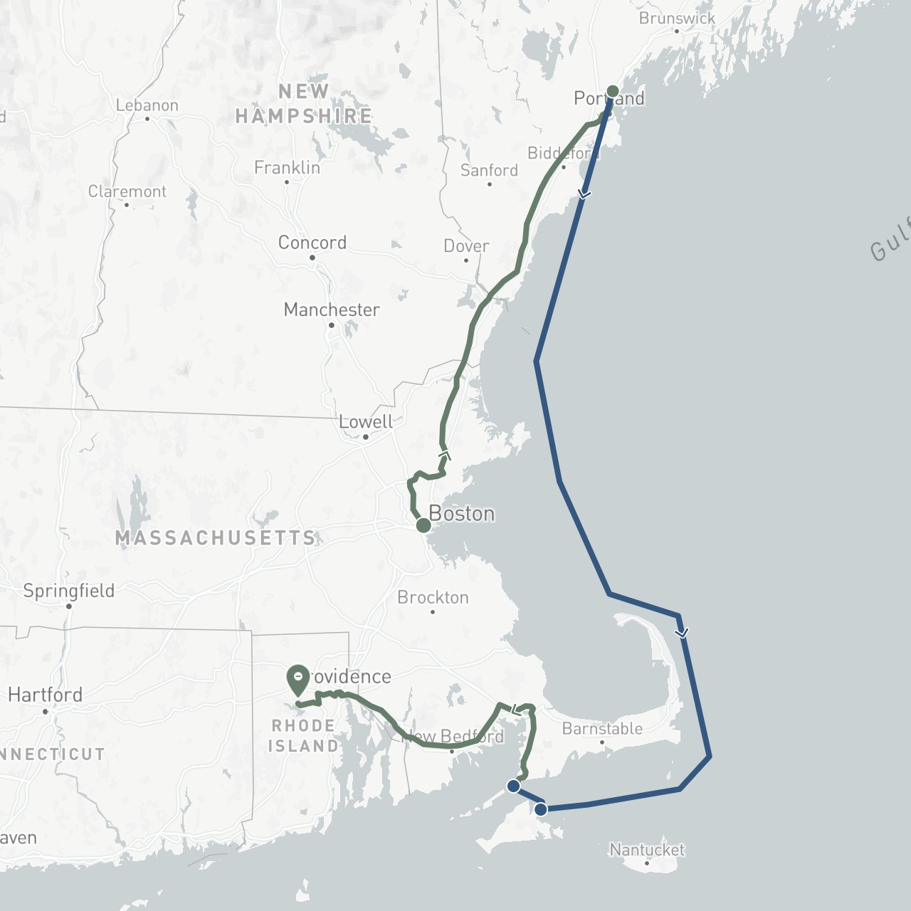 TravelMap itinerary: driving, car rental, boat transfer in United States (North America)
