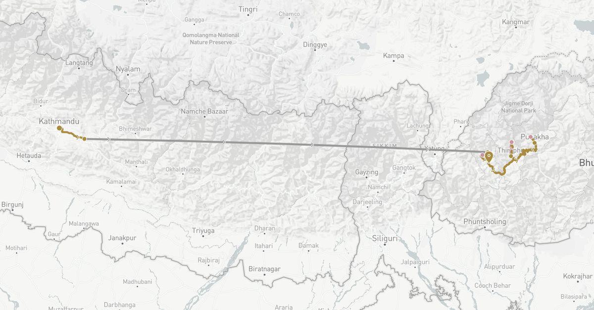 TravelMap itinerary: driving, plane, private transfer, hiking in Bhutan, Nepal (Asia)