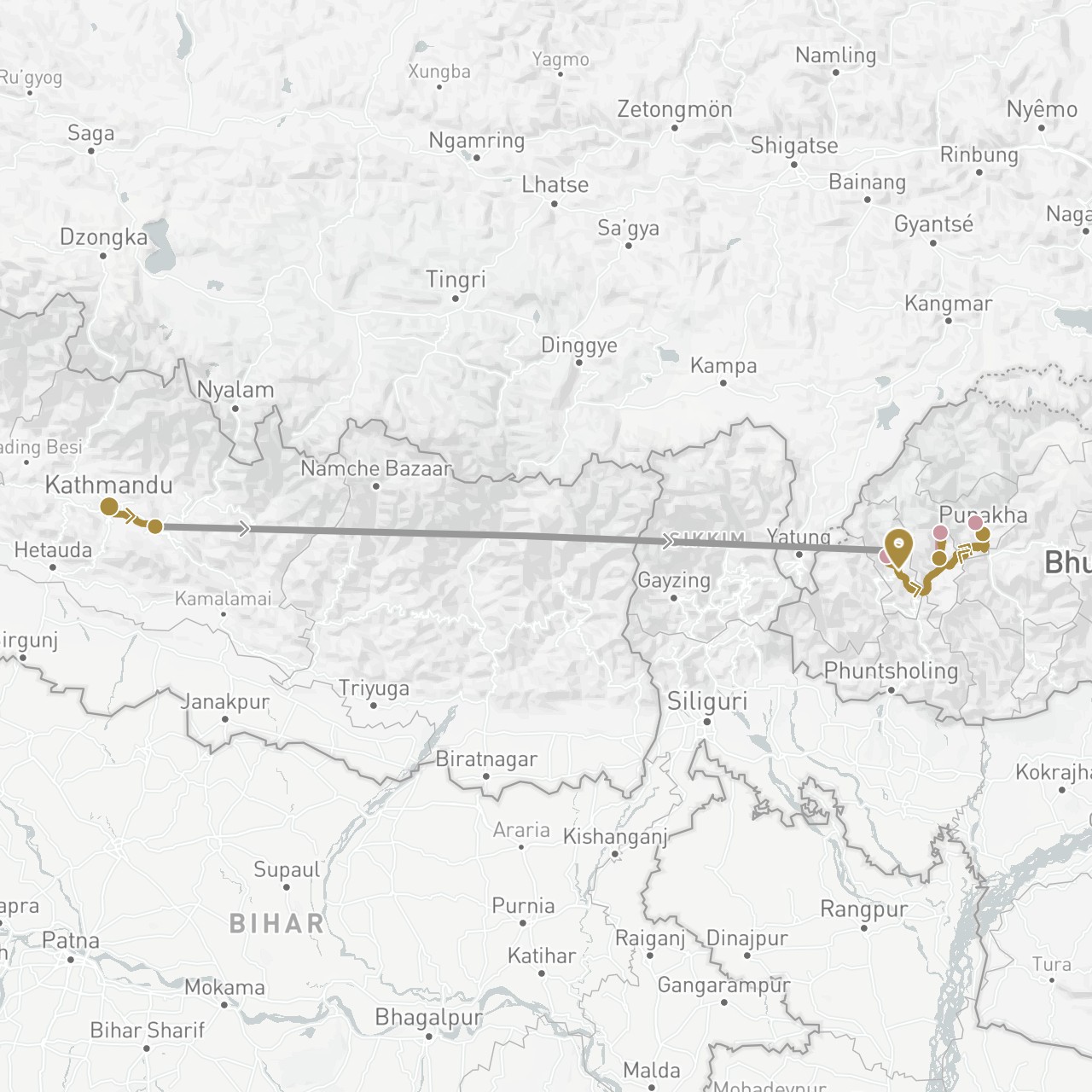 TravelMap itinerary: driving, plane, private transfer, hiking in Bhutan, Nepal (Asia)