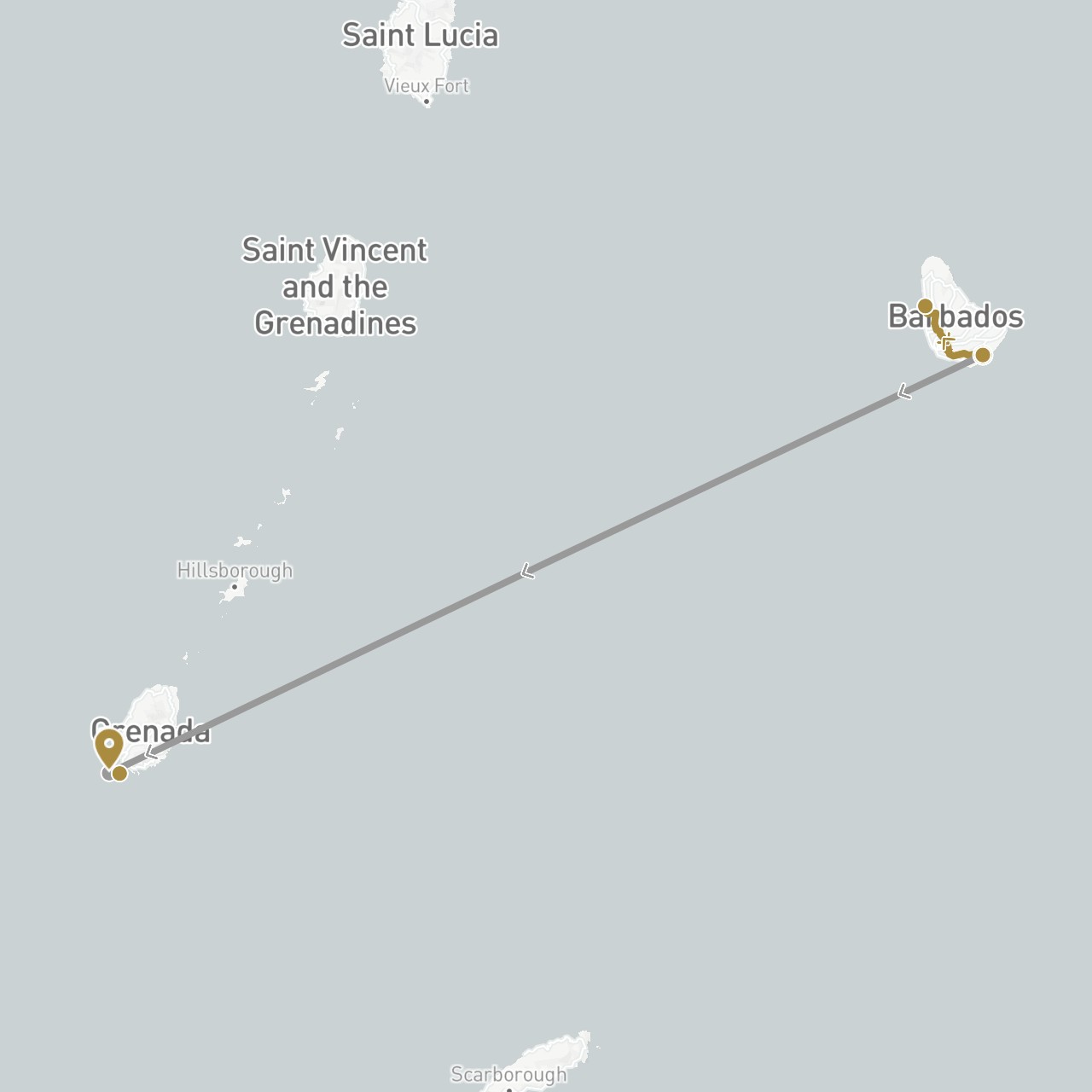 TravelMap itinerary: driving, plane, private transfer in Barbados, Grenada (North America)