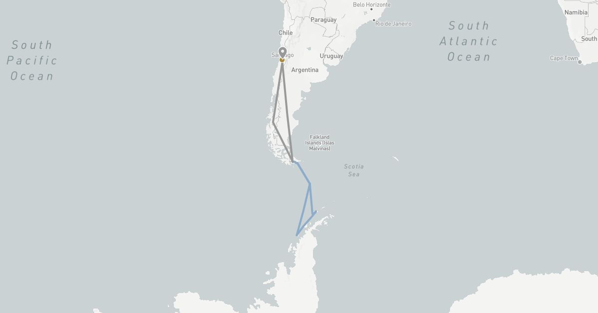 TravelMap itinerary: driving, plane, private transfer, cruise in Chile (South America)