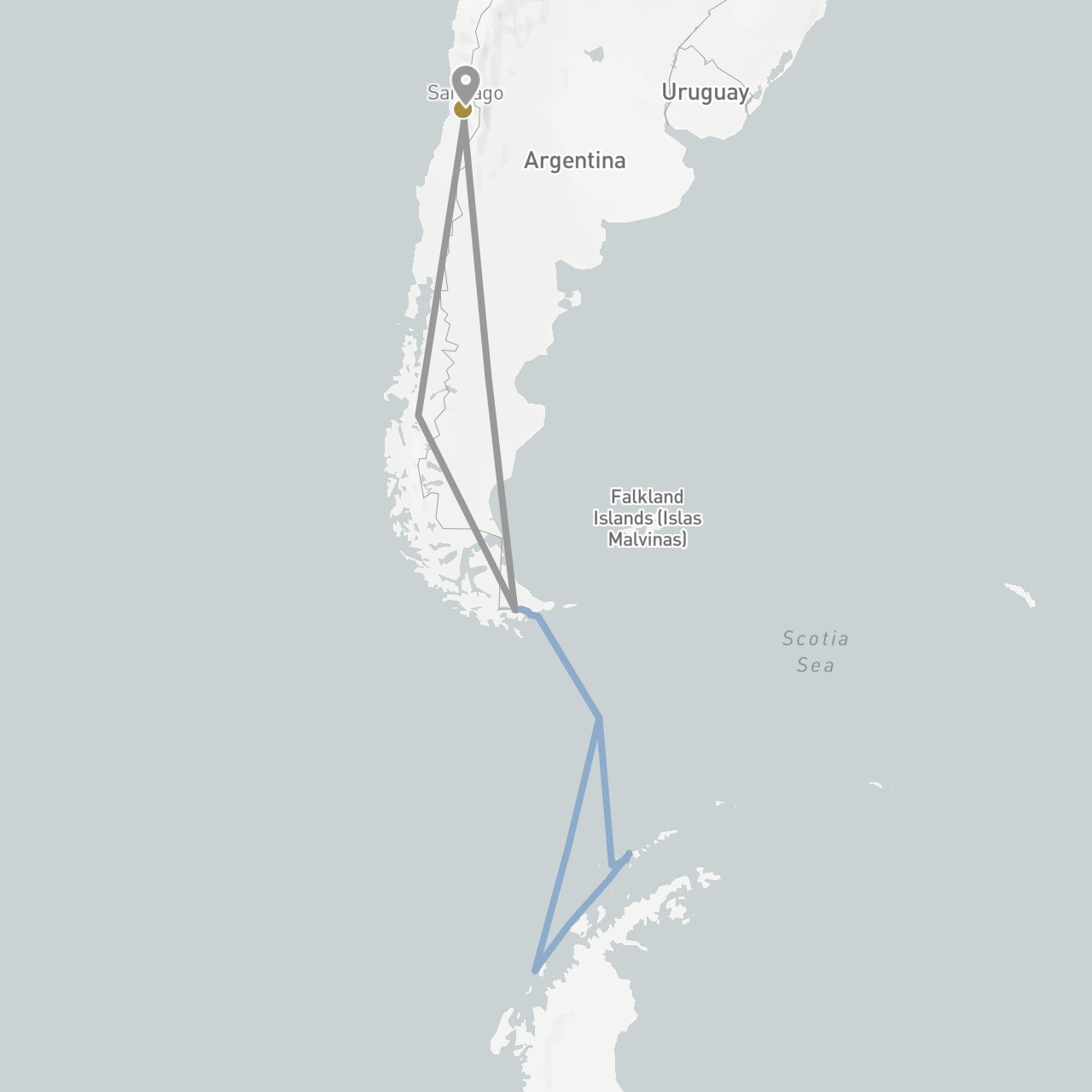 TravelMap itinerary: driving, plane, private transfer, cruise in Chile (South America)