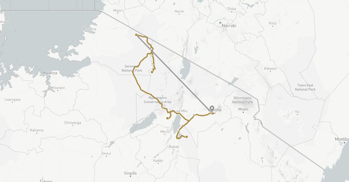 TravelMap itinerary: driving, plane, private transfer in Tanzania (Africa)