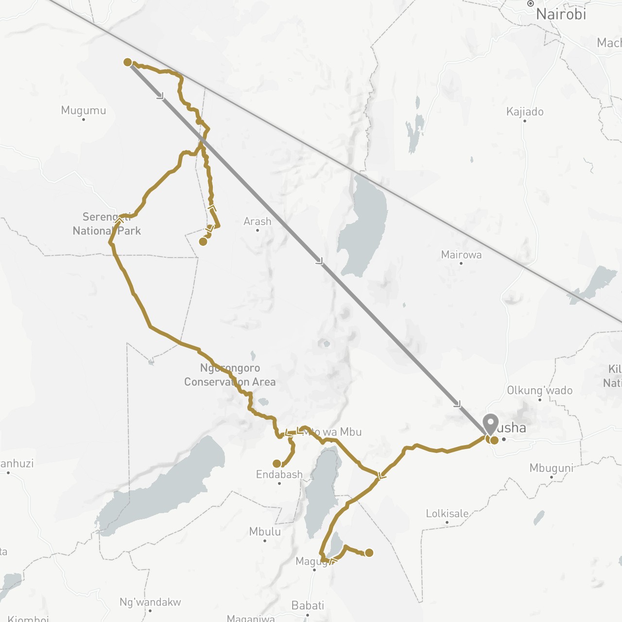 TravelMap itinerary: driving, plane, private transfer in Tanzania (Africa)
