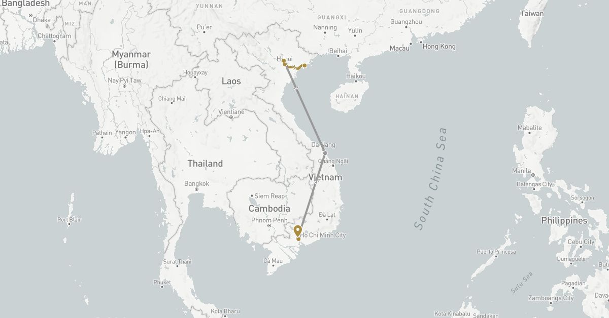TravelMap itinerary: driving, plane, private transfer in Vietnam (Asia)