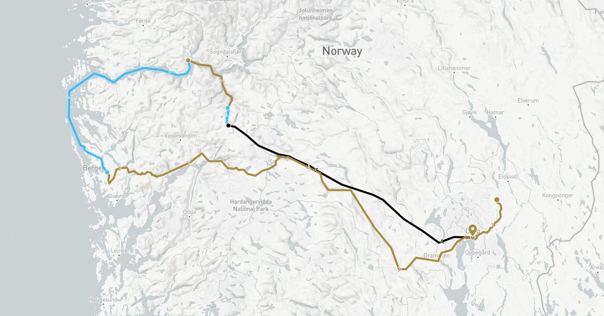 TravelMap itinerary: driving, boat, private transfer, train in Norway (Europe)