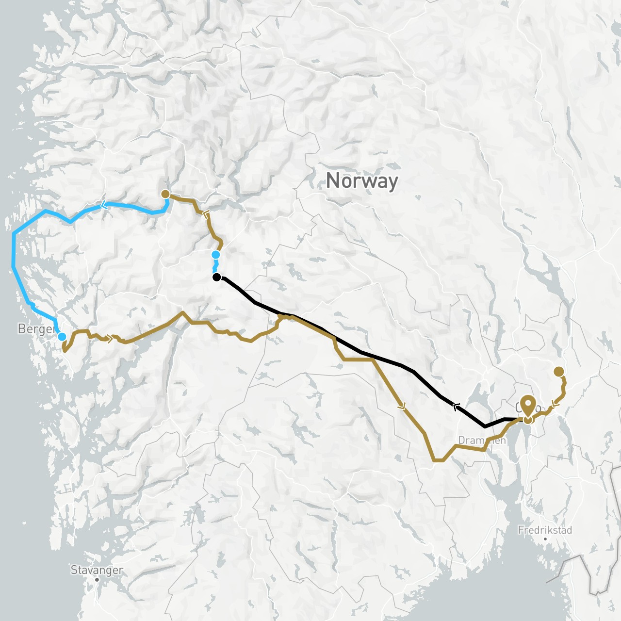 TravelMap itinerary: driving, boat, private transfer, train in Norway (Europe)