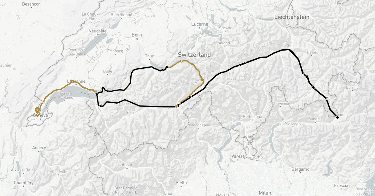 TravelMap itinerary: driving, private transfer, train in Switzerland, Italy (Europe)