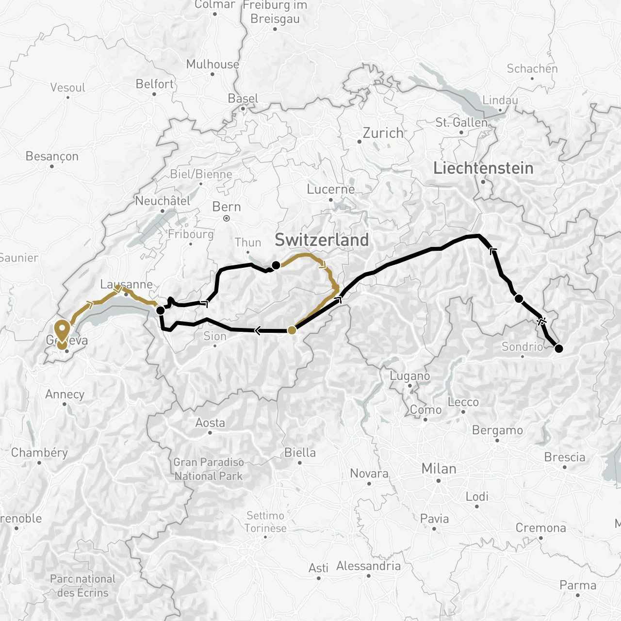 TravelMap itinerary: driving, private transfer, train in Switzerland, Italy (Europe)