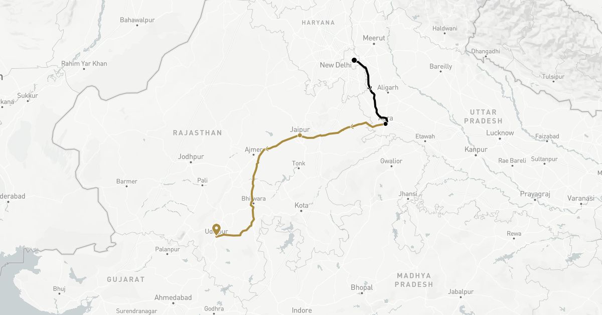 TravelMap itinerary: driving, private transfer, train in India (Asia)