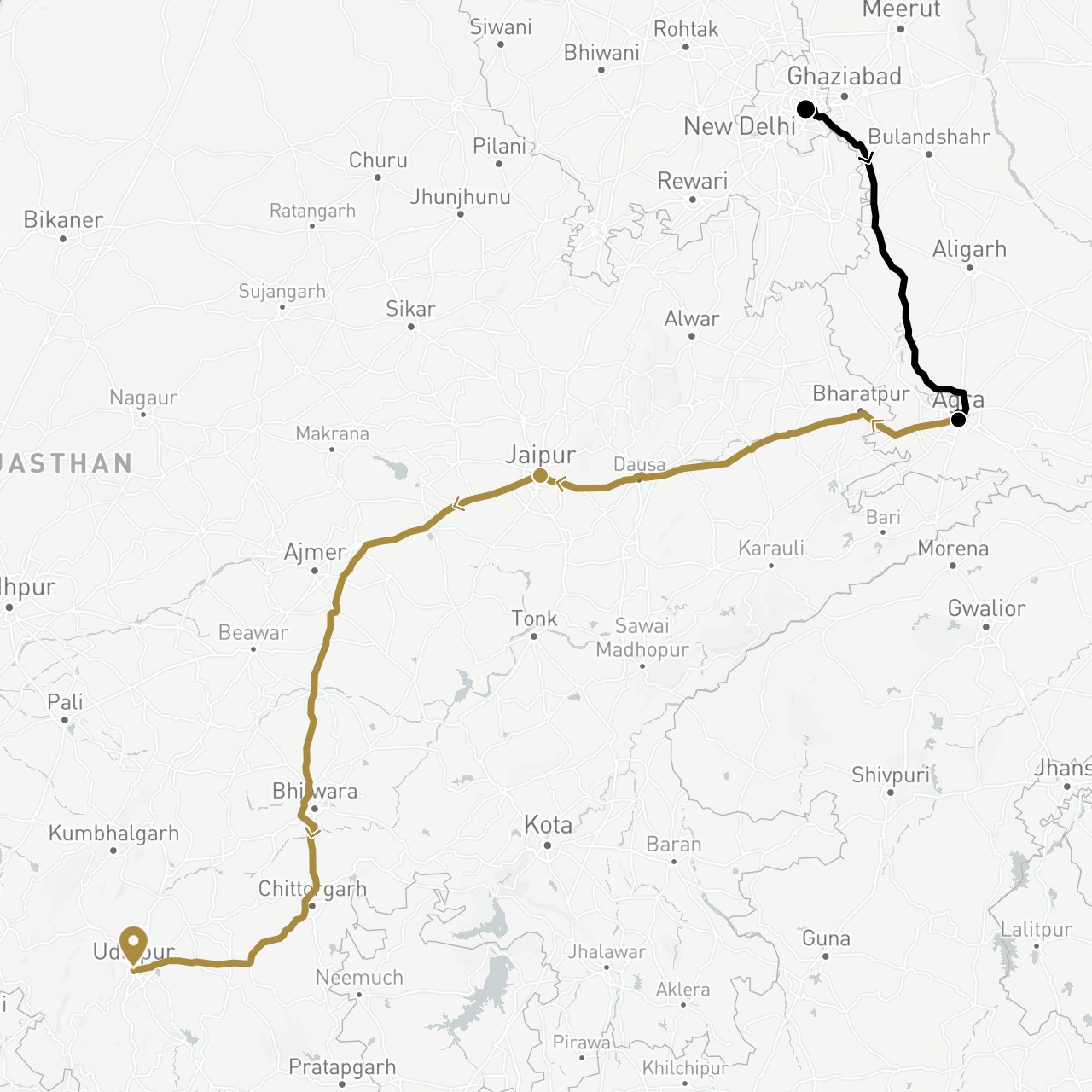 TravelMap itinerary: driving, private transfer, train in India (Asia)