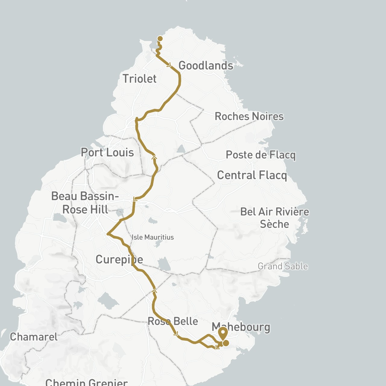 TravelMap itinerary: driving, private transfer in Mauritius (Africa)