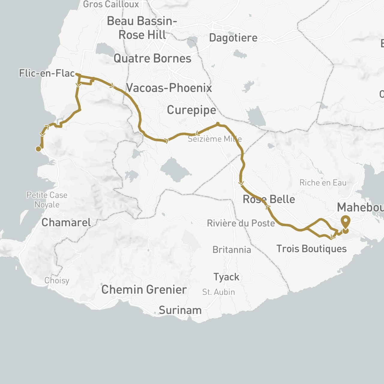 TravelMap itinerary: driving, private transfer in Mauritius (Africa)