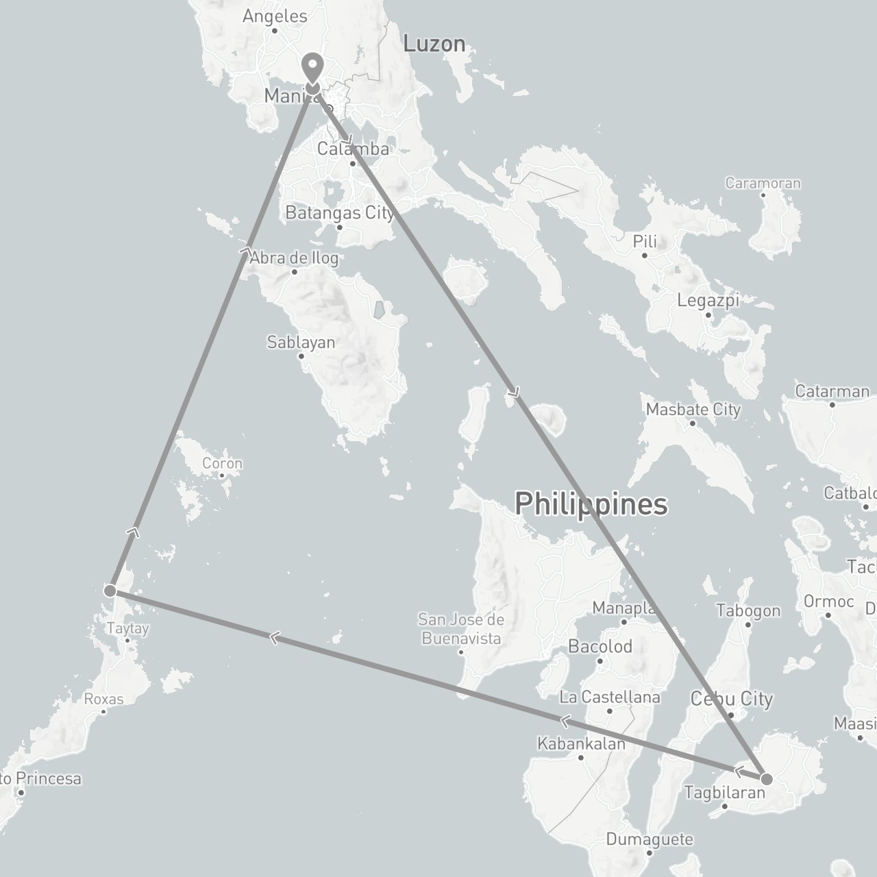 TravelMap itinerary: driving, plane in Philippines (Asia)