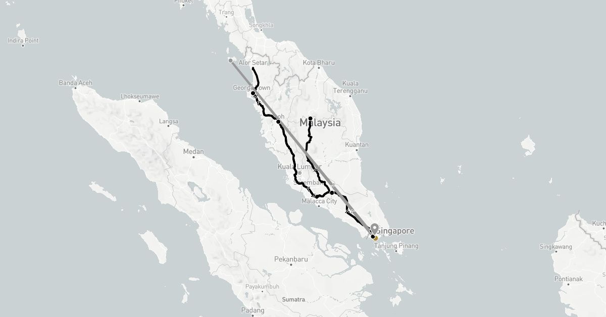 TravelMap itinerary: driving, plane, private transfer, train in Malaysia, Singapore (Asia)