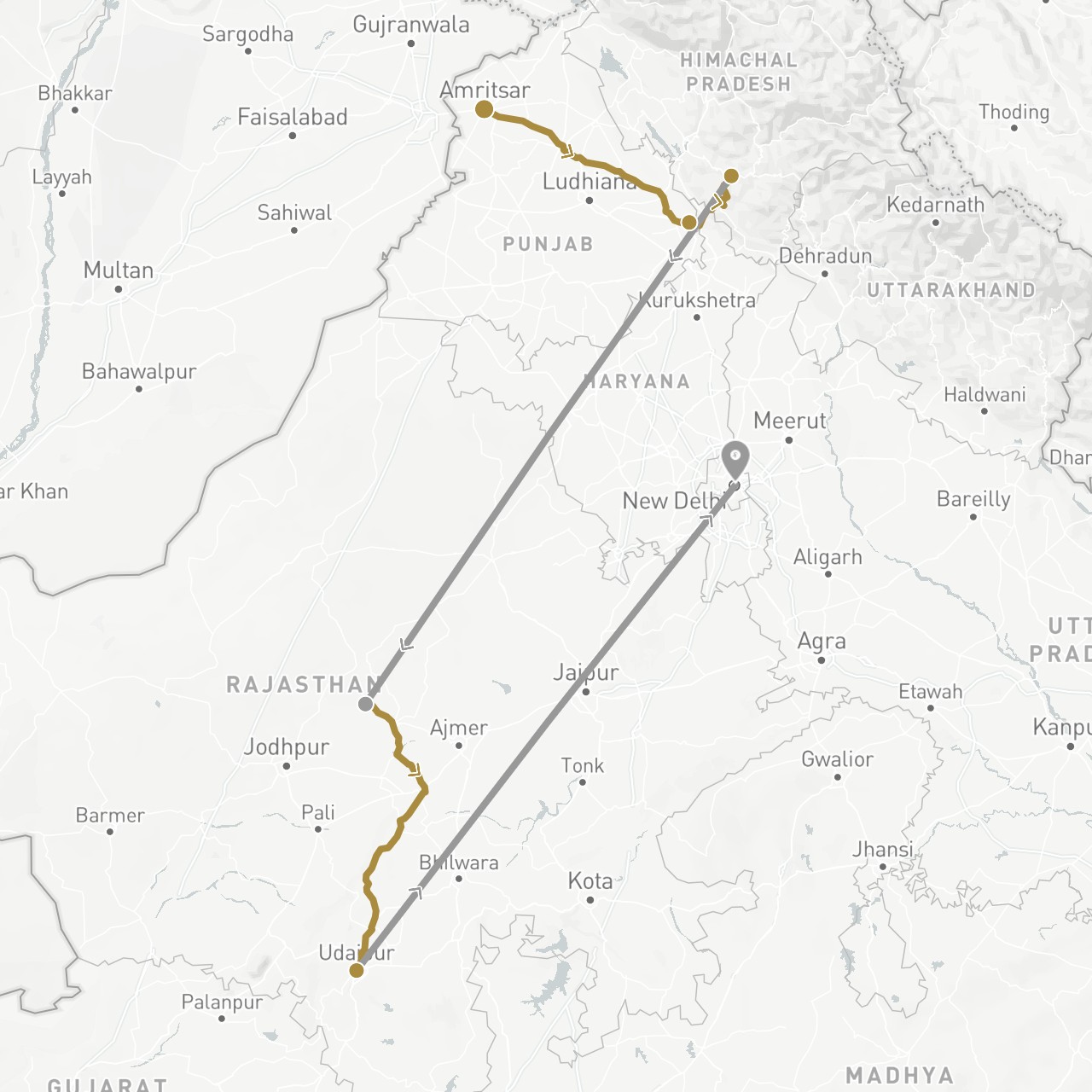 TravelMap itinerary: driving, plane, private transfer in India (Asia)
