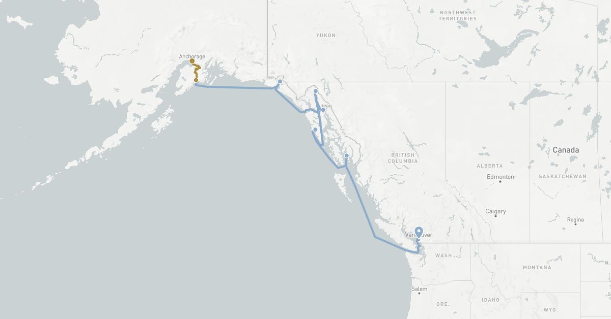 TravelMap itinerary: driving, private transfer, cruise in Canada, United States (North America)
