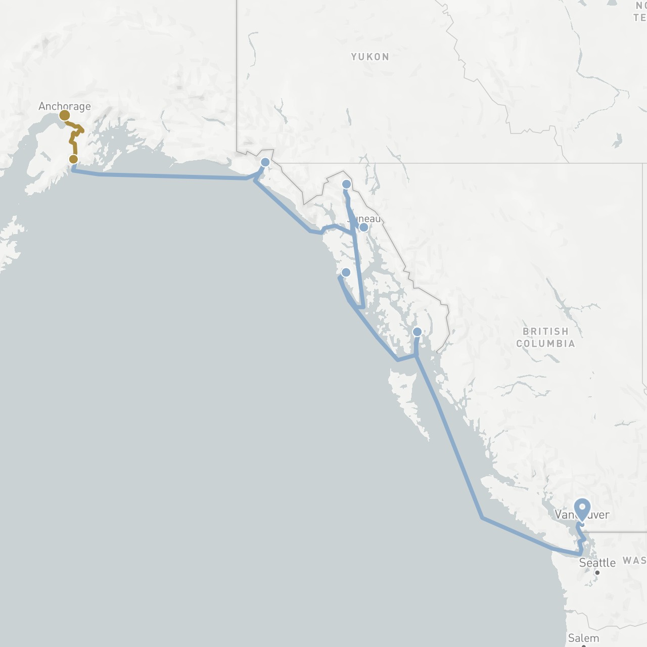 TravelMap itinerary: driving, private transfer, cruise in Canada, United States (North America)