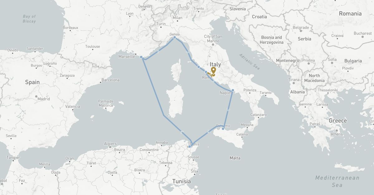 TravelMap itinerary: driving, private transfer, cruise in France, Italy, Tunisia (Africa, Europe)