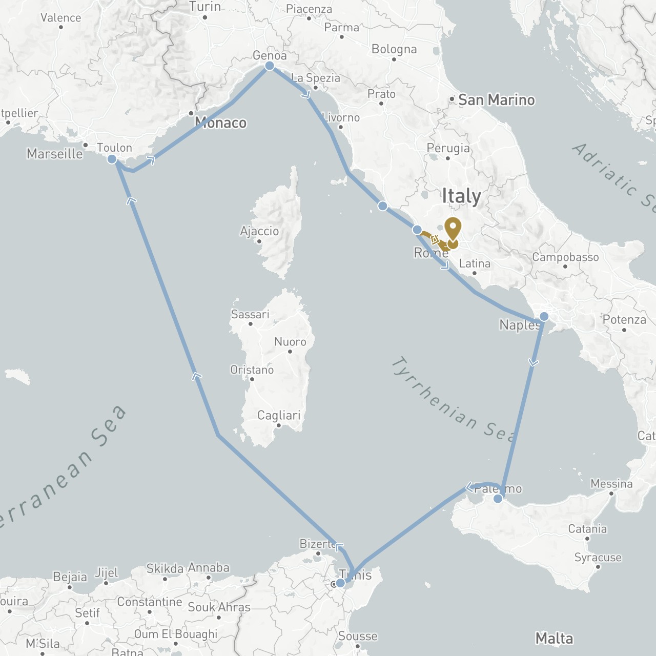 TravelMap itinerary: driving, private transfer, cruise in France, Italy, Tunisia (Africa, Europe)
