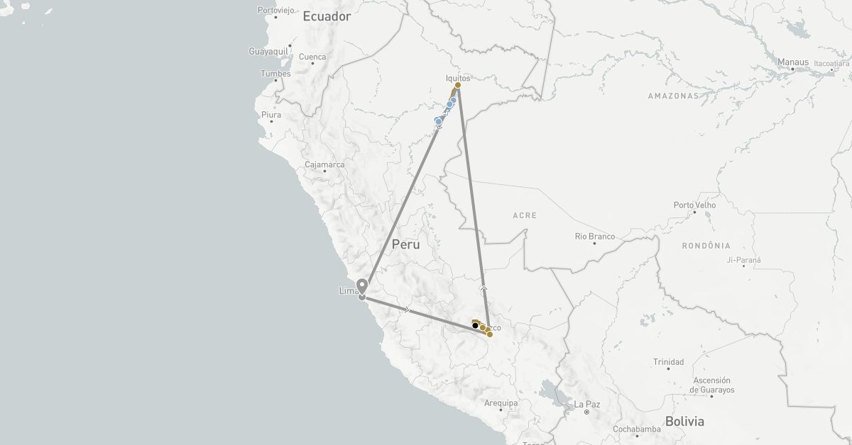 TravelMap itinerary: driving, plane, private transfer, train, cruise in Peru (South America)