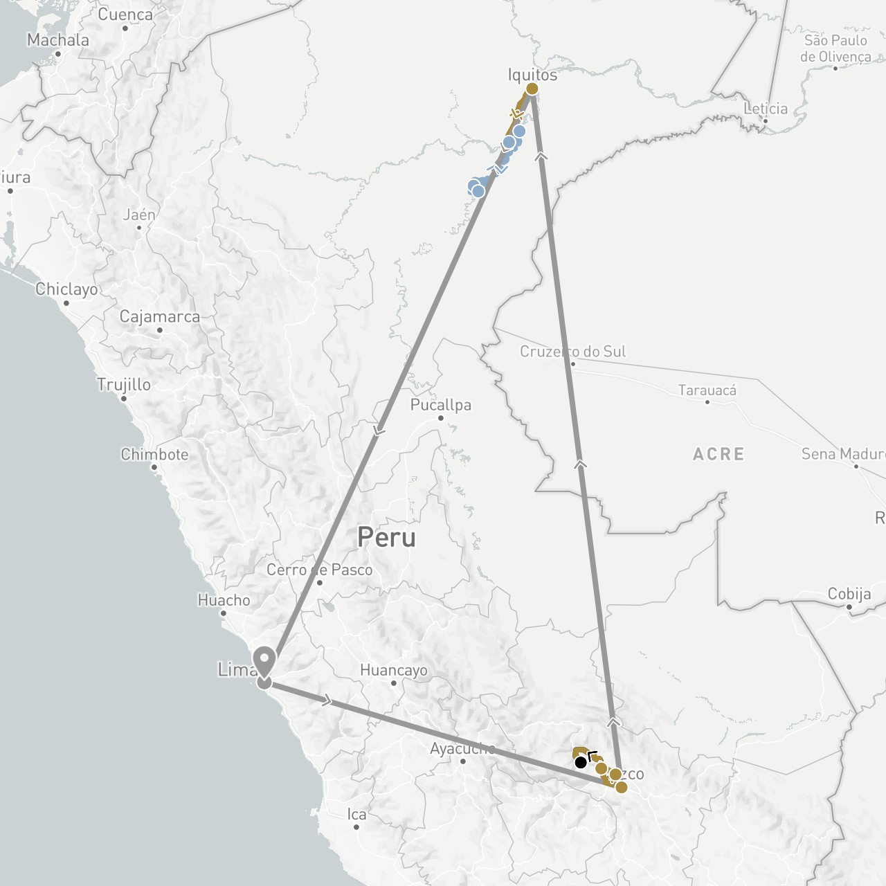 TravelMap itinerary: driving, plane, private transfer, train, cruise in Peru (South America)